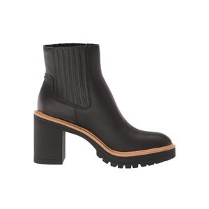 Dolce Vita Black Leather Lug Sole Ankle Boot with Tan Trim